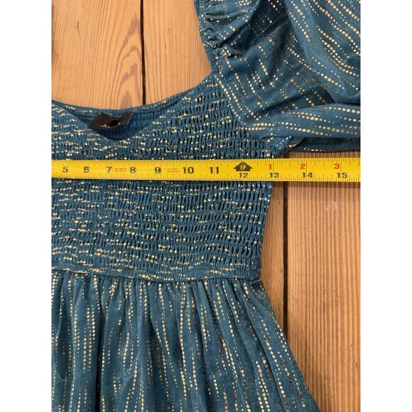 Vici Smocked Long Sleeve Dress Ruffle Hem Blue Gold Small Lined - Picture 4 of 6